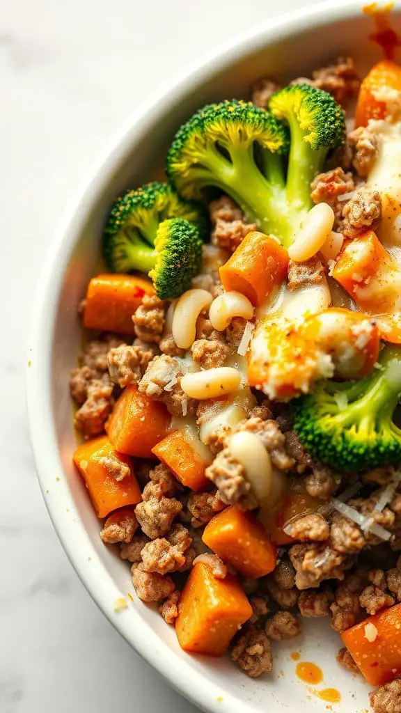 A delicious bowl of Garlic Parmesan Beef and Broccoli Bake with ground beef, broccoli, and sweet potatoes