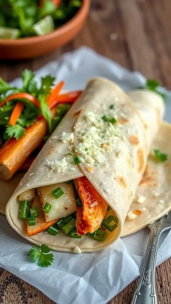 A delicious Garlic Parmesan Chicken Wrap with green onions and a side salad