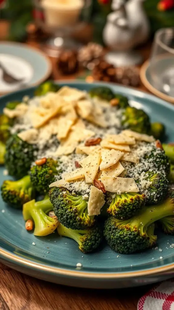 Plate of garlic roasted broccoli topped with Parmesan cheese and nuts.