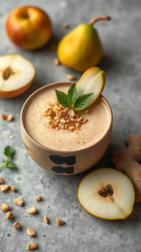 A bowl of Ginger and Pear Smoothie topped with nuts and mint, surrounded by whole pears and apples.