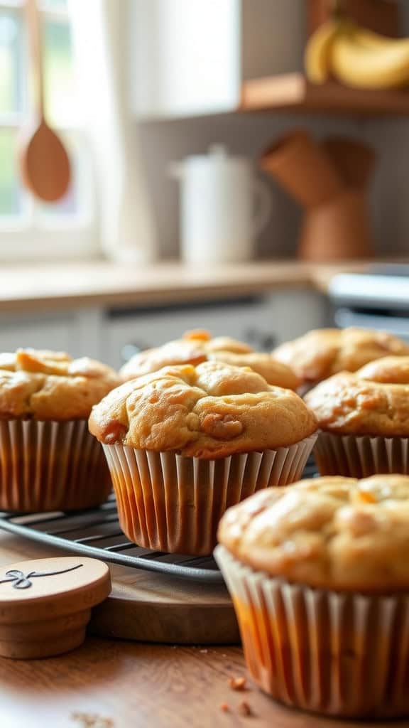 Freshly baked ginger banana muffins on a cooling rack in a cozy kitchen setting.