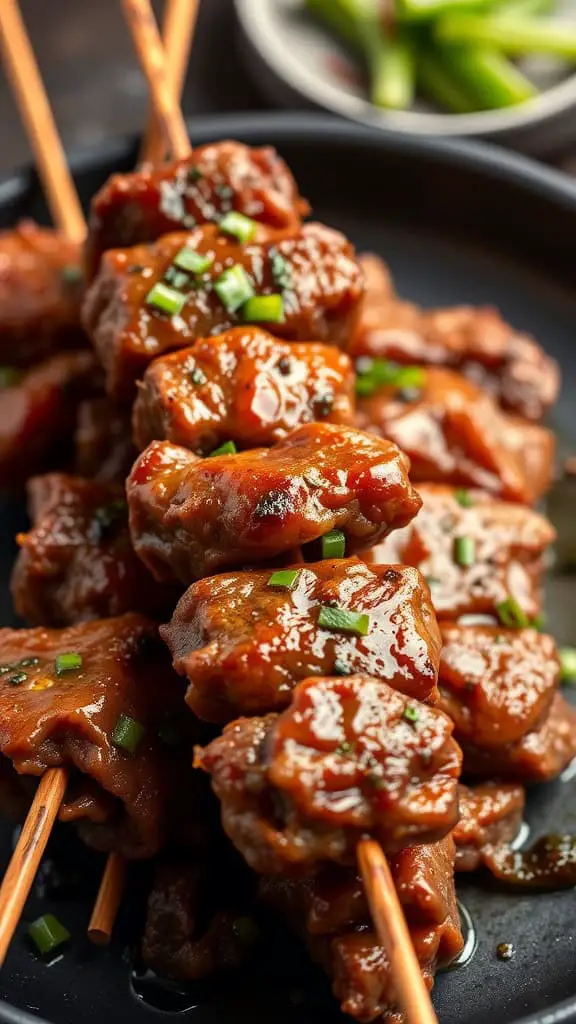 Delicious Ginger Garlic Mongolian Beef Skewers with a rich glaze and green onions on top.