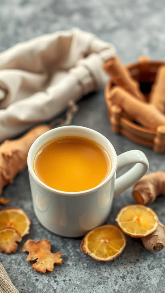 A cozy cup of ginger infused golden milk surrounded by ginger roots and dried citrus slices.