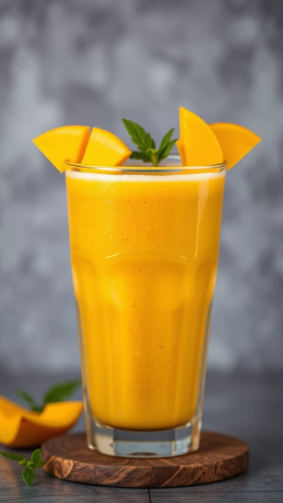 A tall glass of Ginger Mango Coconut Smoothie garnished with mango slices and mint.