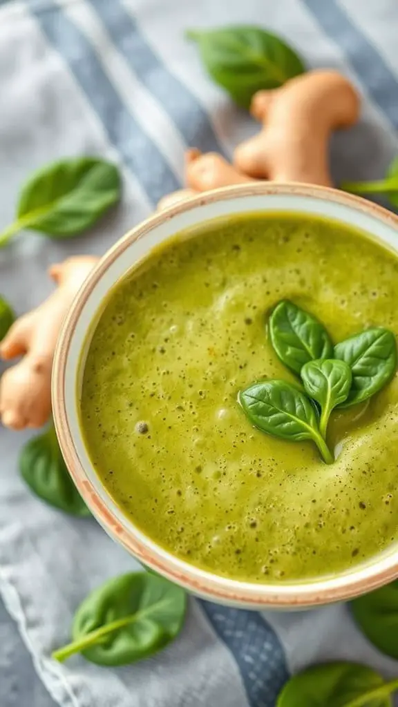 A vibrant green ginger spinach smoothie in a bowl with fresh spinach leaves and ginger root.