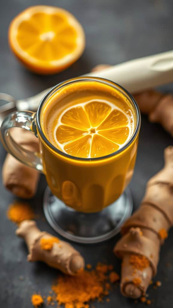 A cup of Ginger Turmeric Chai Latte garnished with a slice of orange, surrounded by fresh ginger and turmeric roots.