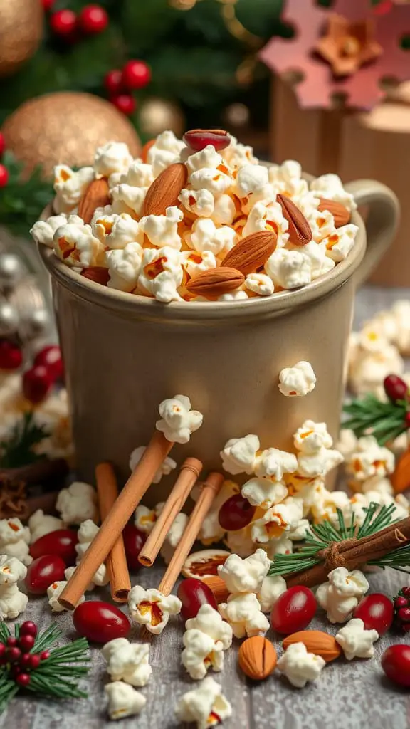 A festive Gingerbread Spice Nut Mix featuring popcorn, almonds, and colorful yogurt-covered treats.