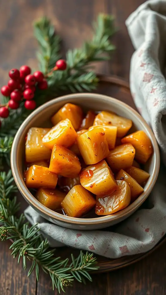 A bowl of glazed turnips with maple syrup, garnished with pine branches and red berries.