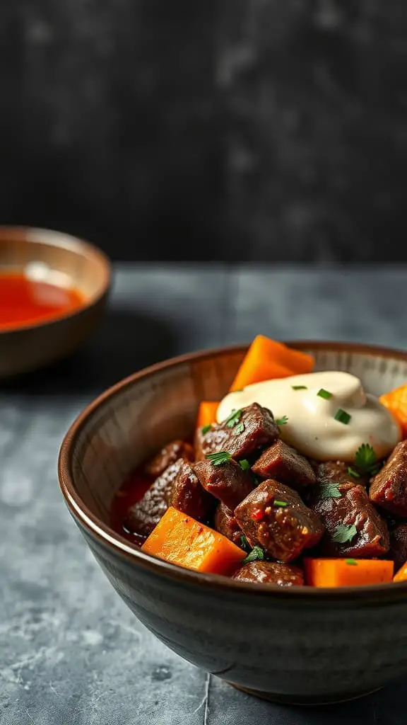 A delicious bowl of Gochujang Beef with sweet potatoes, garnished with a creamy sauce and fresh herbs.