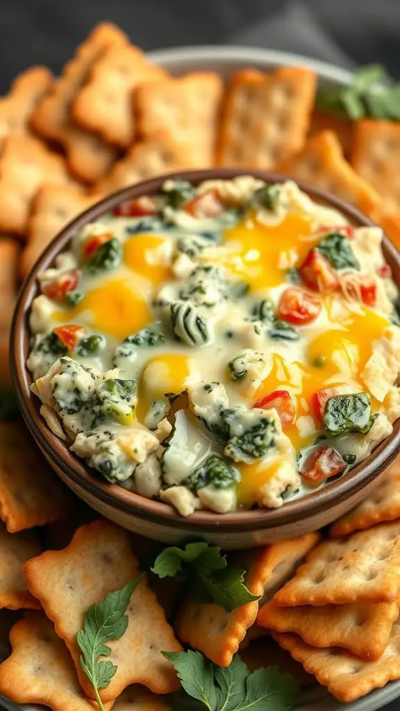 A bowl of gooey spinach and artichoke dip surrounded by crackers.