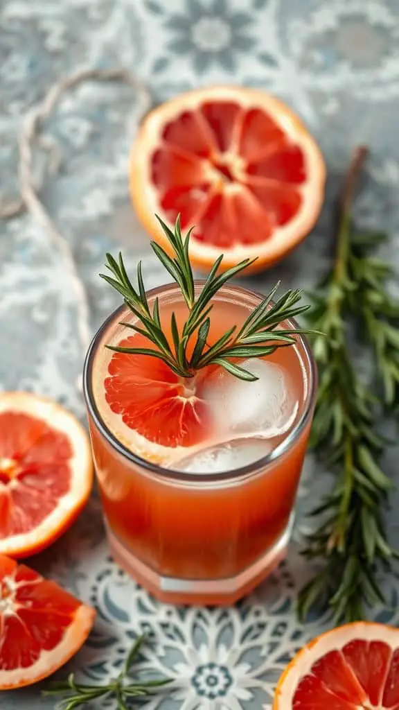 A refreshing grapefruit rosemary drink garnished with rosemary and grapefruit slices.