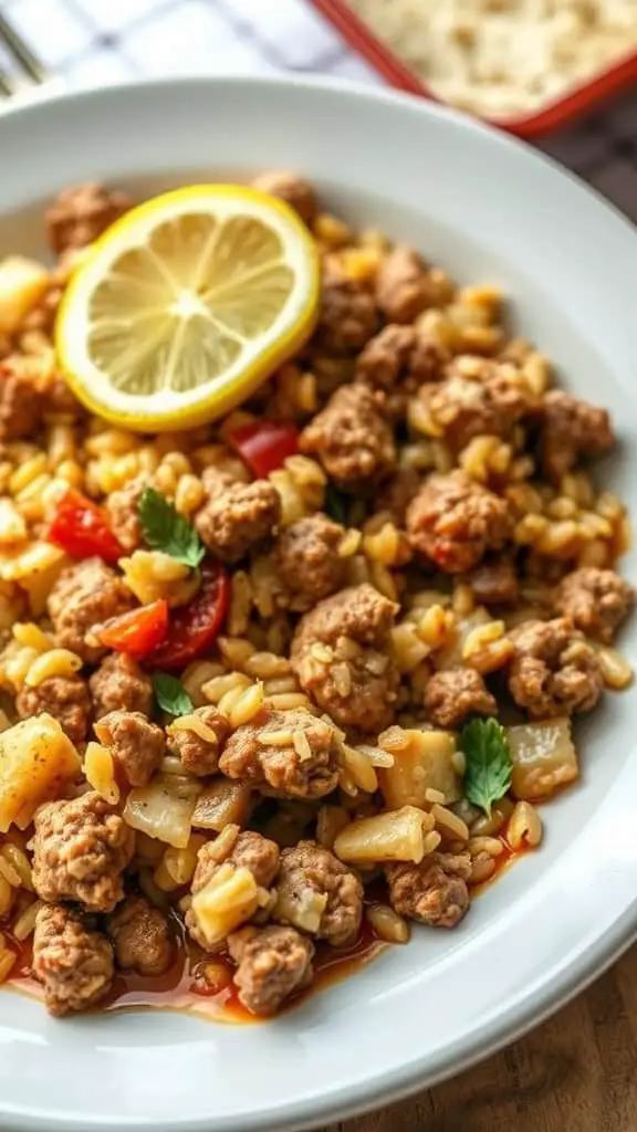 A plate of Greek-style ground beef and rice bake with a slice of lemon on top, garnished with herbs.