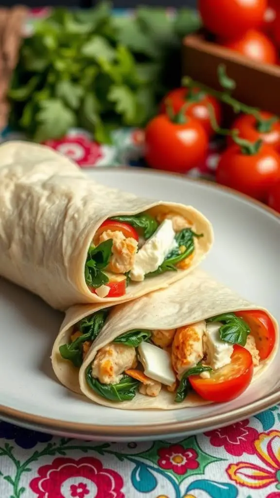 A delicious Greek chicken and feta wrap with spinach and cherry tomatoes on a colorful floral tablecloth.