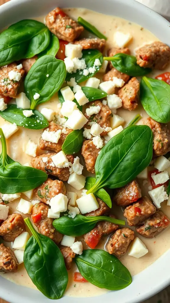 A delicious Greek Yogurt Beef Casserole with spinach, beef pieces, and crumbled cheese