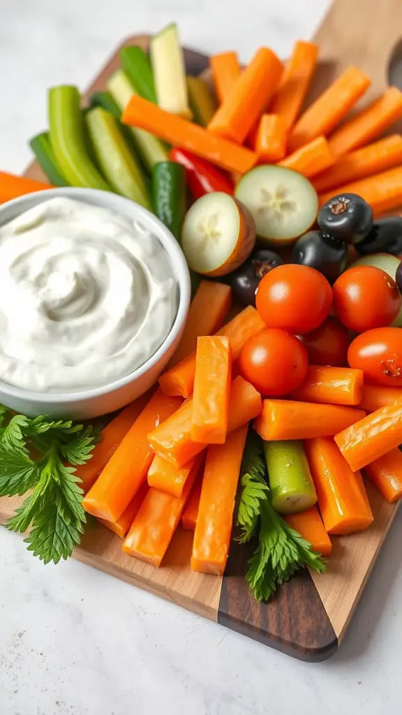 A wooden board with colorful veggies including carrot sticks, cucumber, and cherry tomatoes, alongside a bowl of creamy Greek yogurt dip.