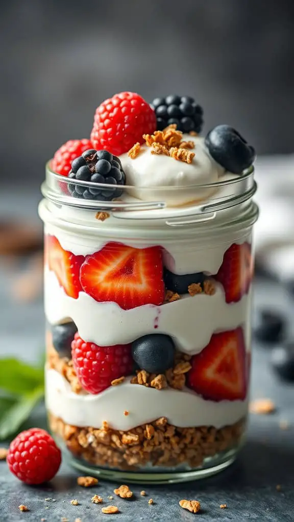 A delicious Greek yogurt parfait in a jar, layered with strawberries, raspberries, blueberries, and granola.