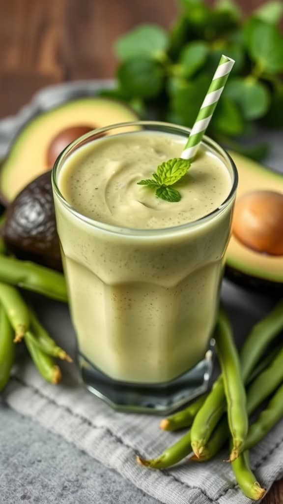 A refreshing green bean and avocado smoothie in a glass, garnished with a mint leaf and a striped straw, surrounded by fresh ingredients.