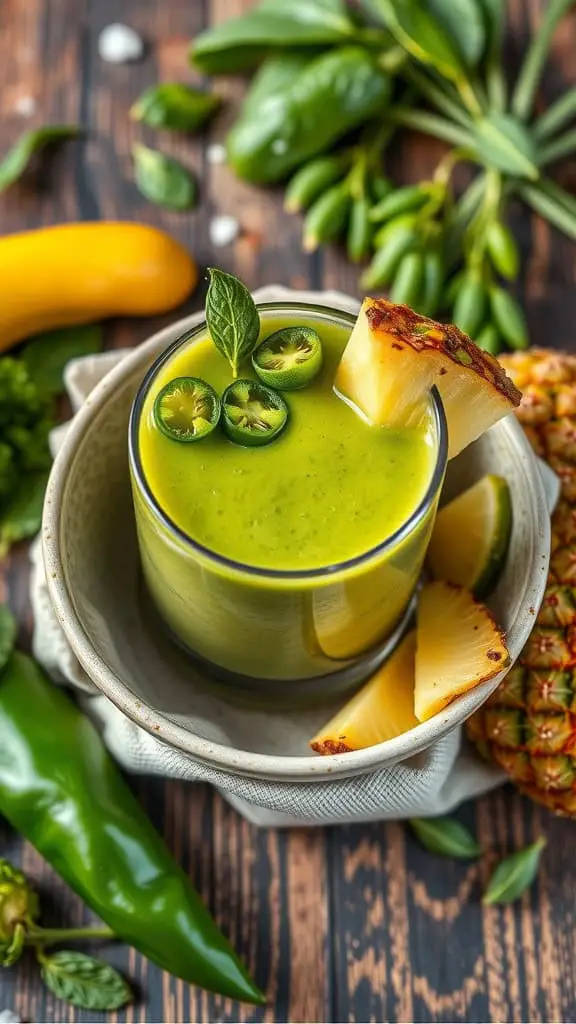 A refreshing green smoothie with green pepper and pineapple, garnished with sliced jalapeno and mint leaves.