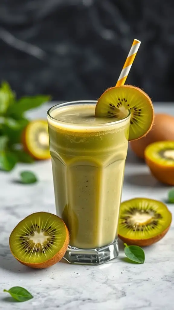 A refreshing green smoothie with kiwi and green tea, garnished with a slice of kiwi and a straw.