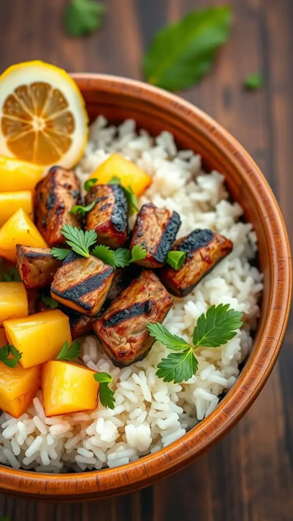 A bowl of grilled beef and pineapple over rice, garnished with herbs and a lemon slice.