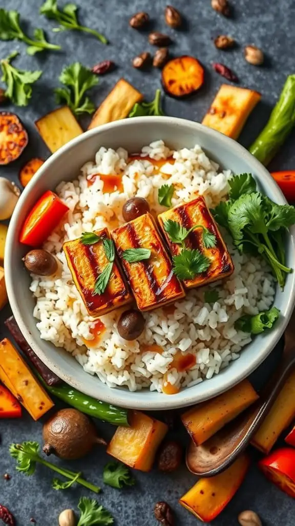 A colorful grilled tofu and vegetable rice bowl with white rice, grilled tofu, and fresh vegetables.