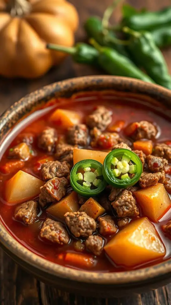 A bowl of Ground Beef and Potato Chili with fresh jalapeños on top, surrounded by a pumpkin and green peppers.