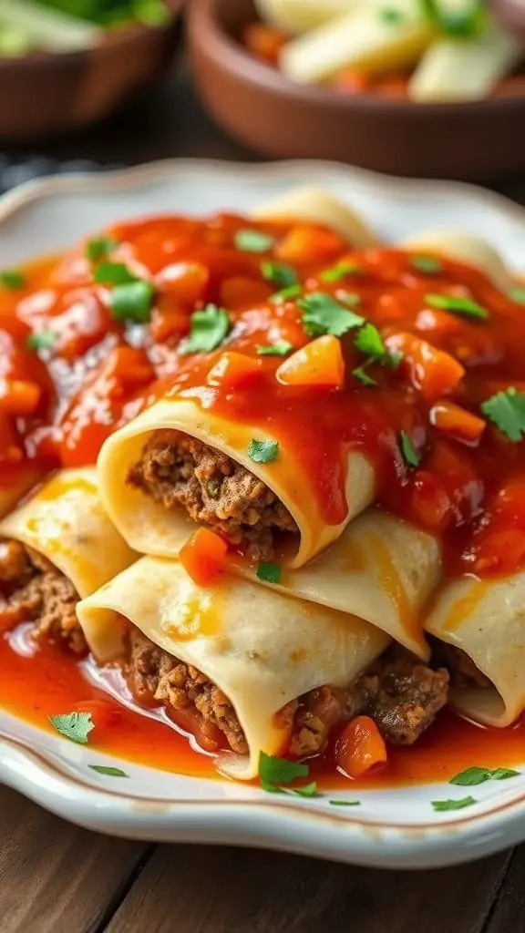 A plate of ground beef and potato enchiladas topped with red sauce and fresh herbs