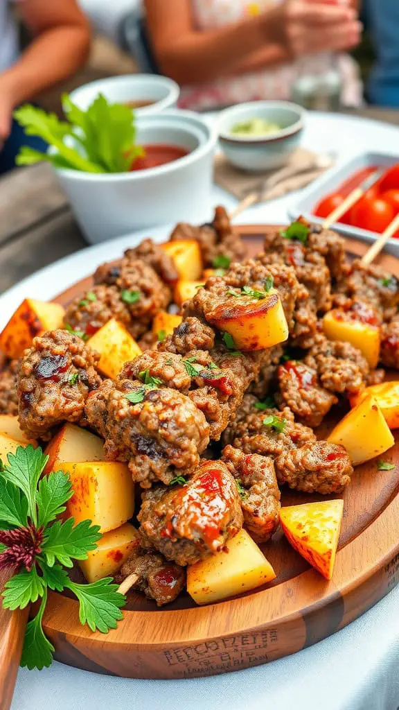 Delicious ground beef and potato kebabs served on a wooden platter with garnishes.