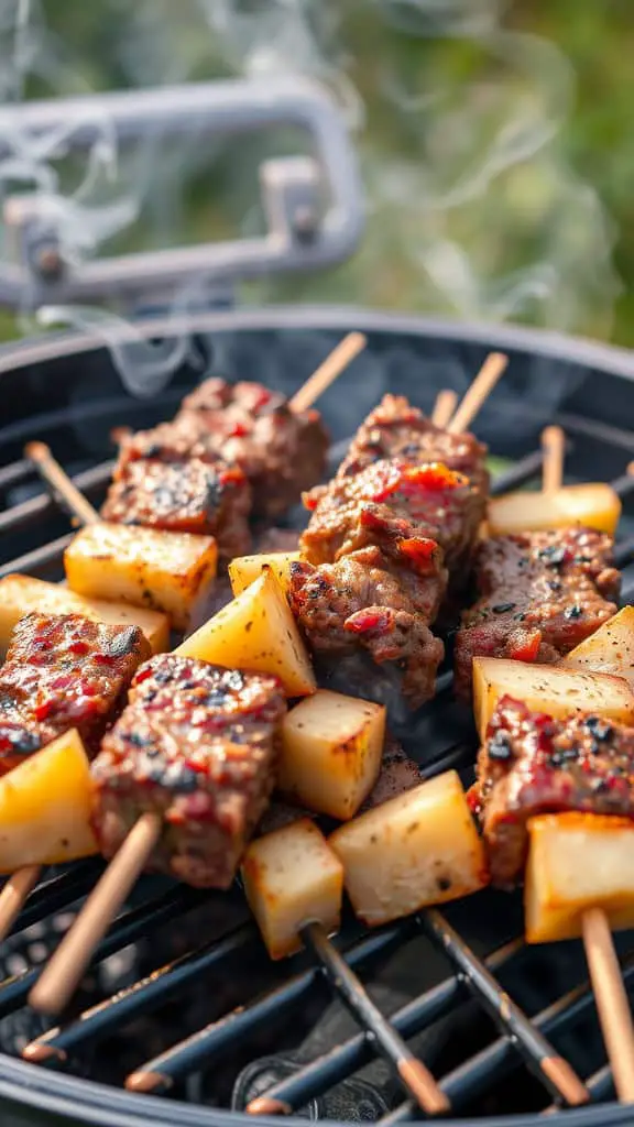 Grilled ground beef and potato skewers on a barbecue grill