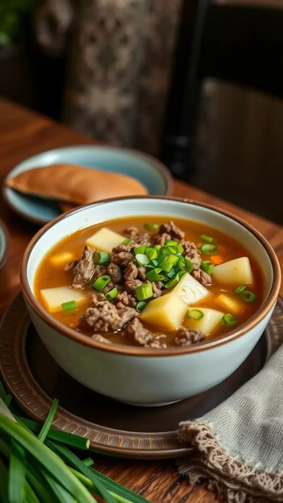 A bowl of ground beef and potato soup garnished with green onions