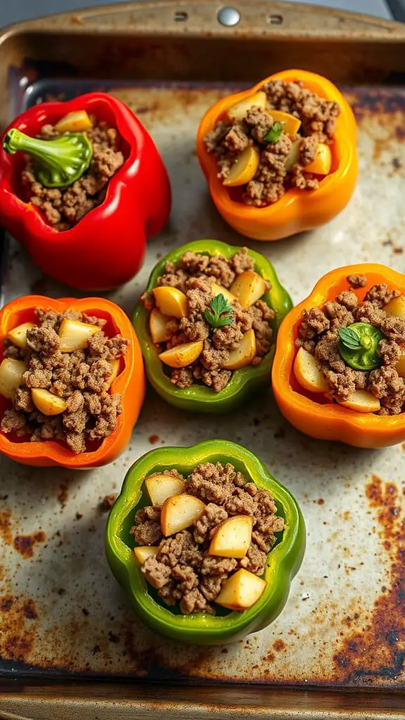 Colorful stuffed peppers filled with ground beef and potatoes on a baking tray.