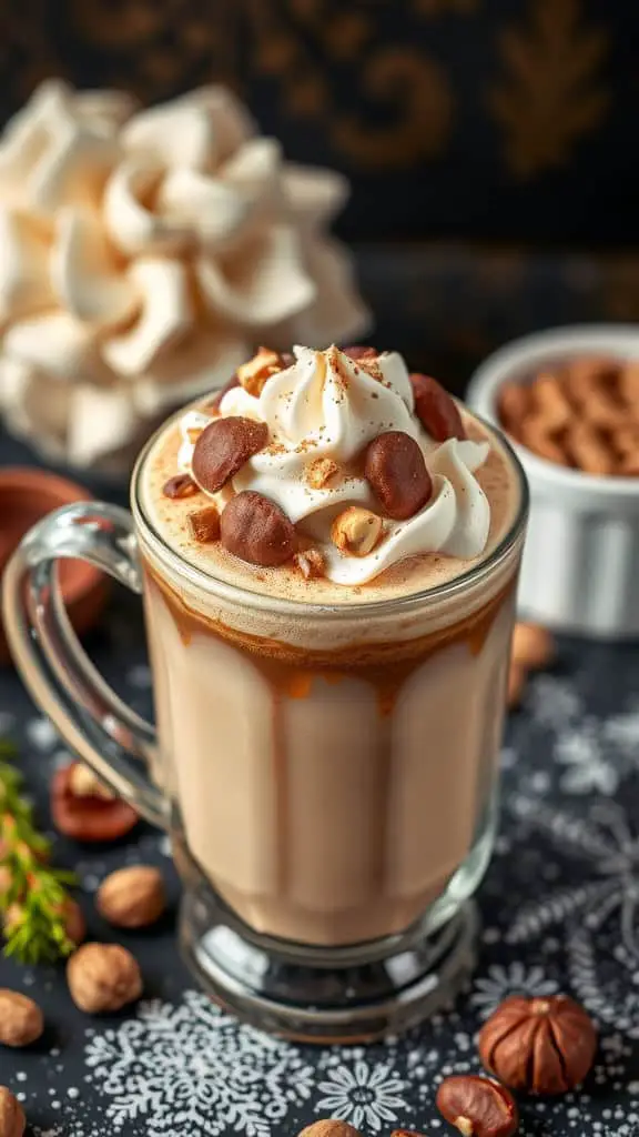 A delicious Hazelnut Chai Latte topped with whipped cream and hazelnuts, surrounded by nuts and decorative elements.