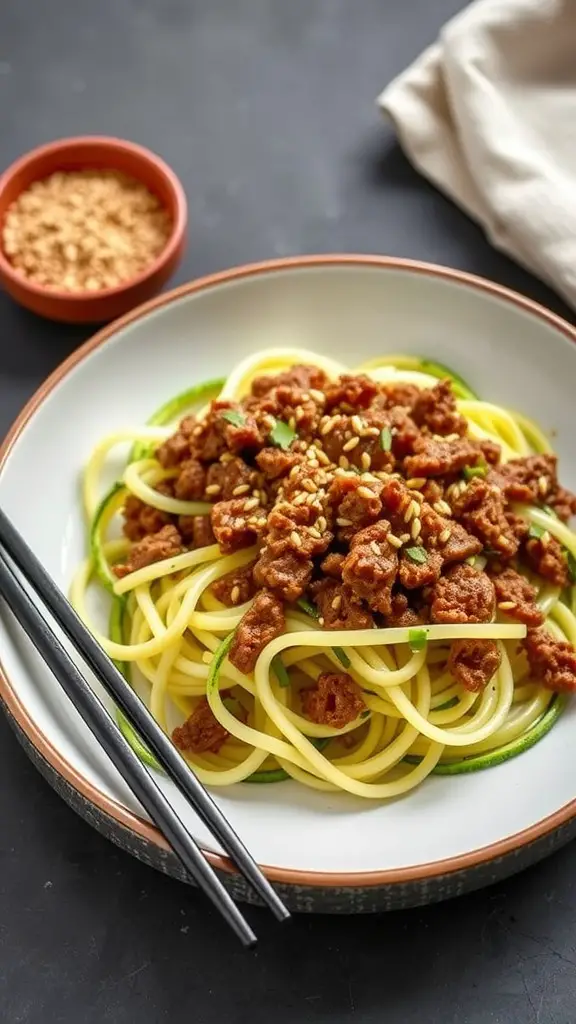 A bowl of zucchini noodles topped with savory ground beef and sesame seeds