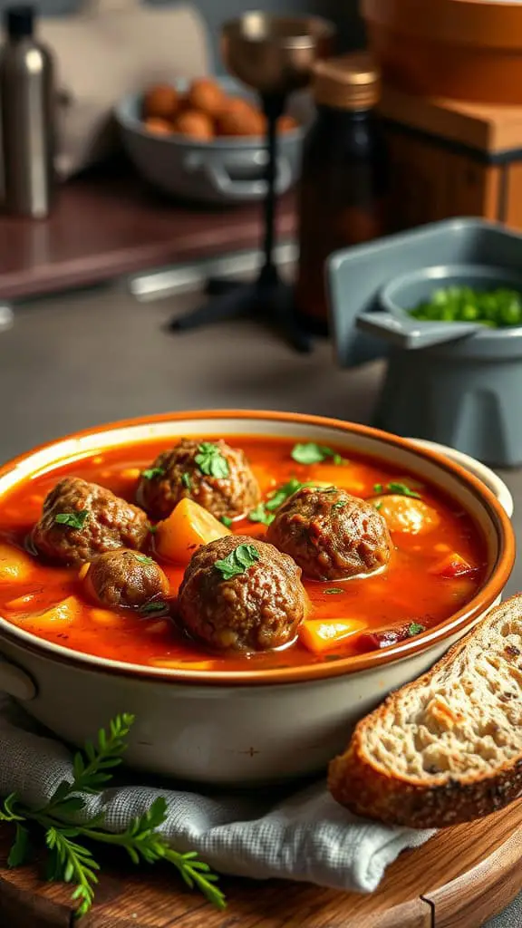 A warm bowl of hearty Italian meatball soup with meatballs and potatoes, served with crusty bread.