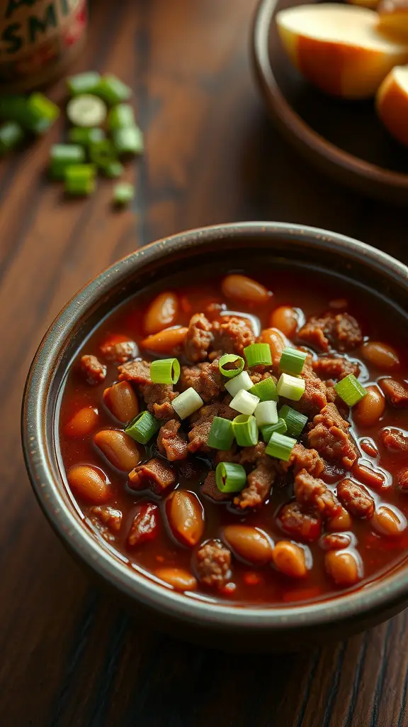 A bowl of hearty stovetop chili with ground beef, beans, and green onions on top.