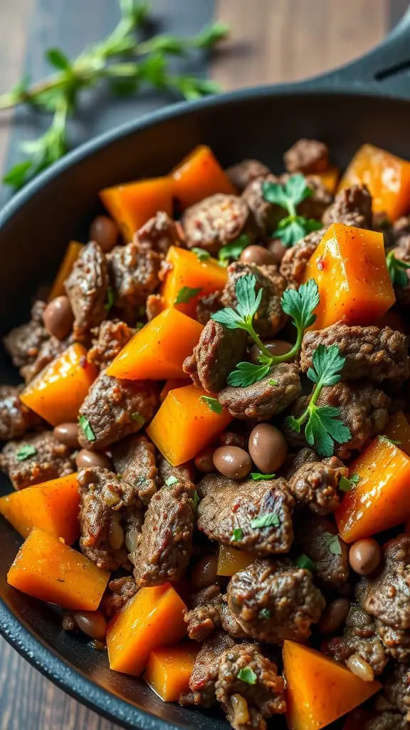 A vibrant dish of herb-infused beef and sweet potatoes, showcasing tender beef pieces and colorful sweet potato cubes.