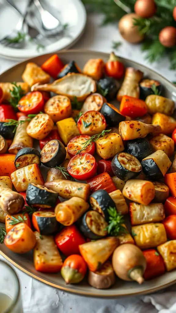 A colorful platter of herb roasted vegetables, including carrots, potatoes, and tomatoes, garnished with herbs.