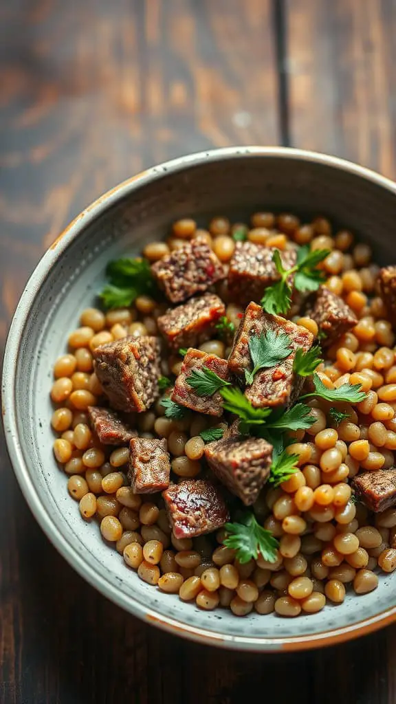 A bowl of herbed beef cubes served over lentils, garnished with parsley.