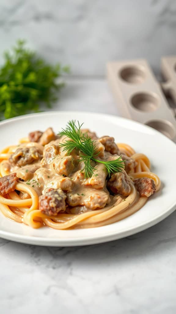 Plate of herbed beef stroganoff with fresh dill over pasta, garnished and ready to serve.