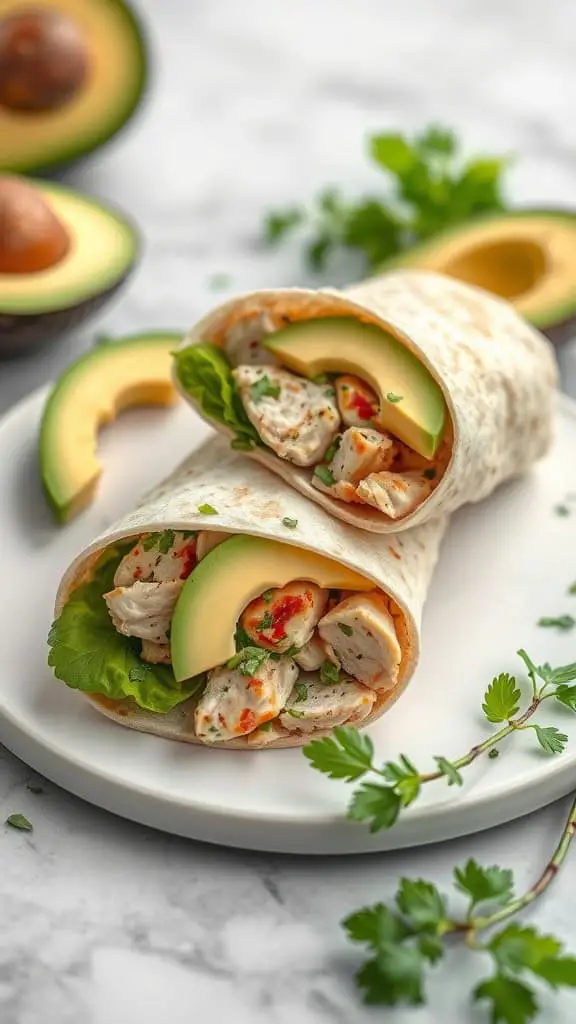 A delicious herbed chicken and avocado wrap on a plate, surrounded by fresh ingredients.