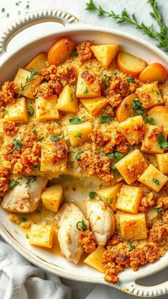 A delicious herbed chicken and potato casserole with a golden topping and fresh herbs.