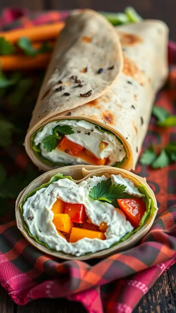 Herbed cream cheese and veggie wrap with colorful vegetables on a plaid cloth.