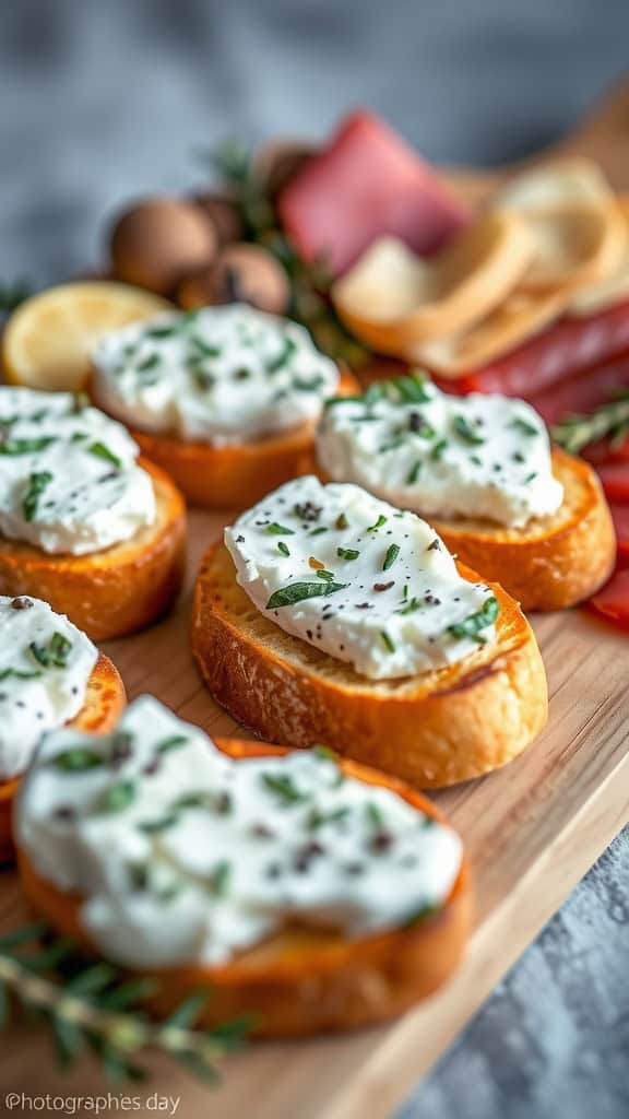 Toasted bread topped with herbed goat cheese and garnished with fresh herbs, served on a wooden platter with assorted snacks.