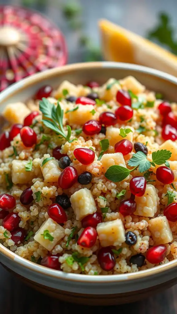 A bowl of herbed quinoa salad with pomegranate seeds, garnished with fresh herbs.