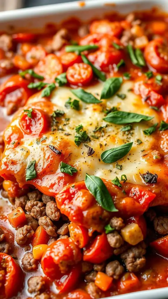 A delicious Herbed Tomato and Ground Beef Bake topped with fresh basil and cheese.