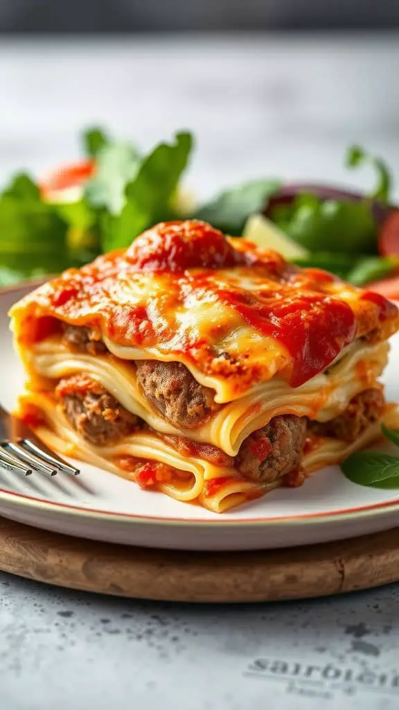 A serving of homemade meatball lasagna with layers of meatballs, cheese, and marinara sauce, served on a plate with a side salad.