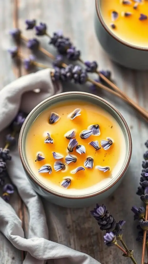 A comforting bowl of honey-lavender golden milk topped with lavender petals, surrounded by lavender sprigs.