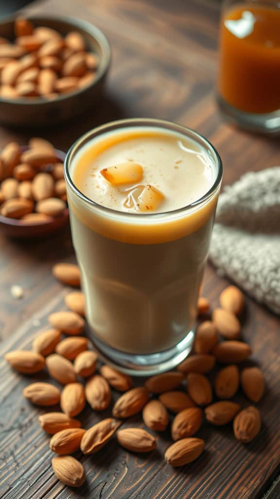 A mason jar filled with honey almond milk cold brew, topped with frothy almond milk and a drizzle of honey.