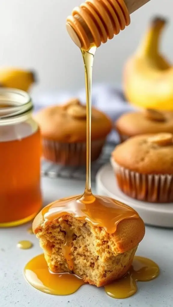 Delicious Honey Banana Muffin with honey dripping from a wooden dipper