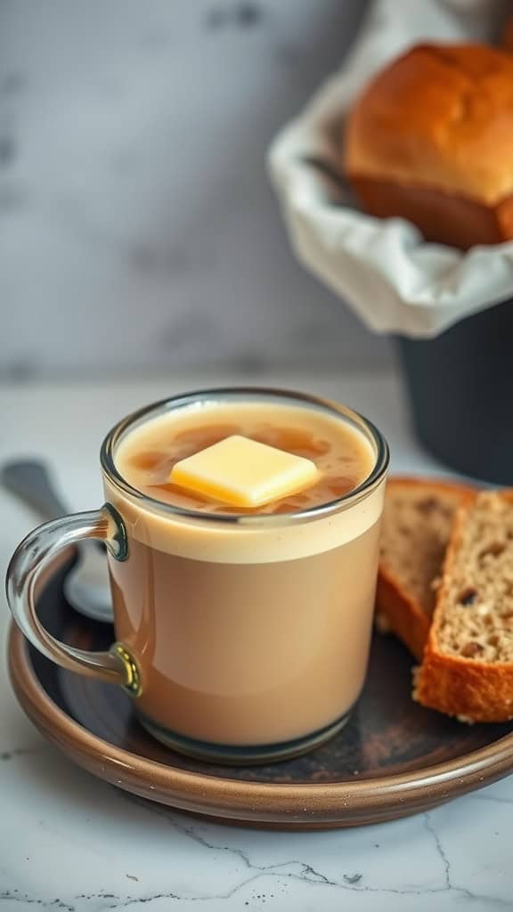 A ceramic mug of hot honey buttered coffee with a small pat of butter melting on the surface, with a honey drizzle and a rustic wooden background.